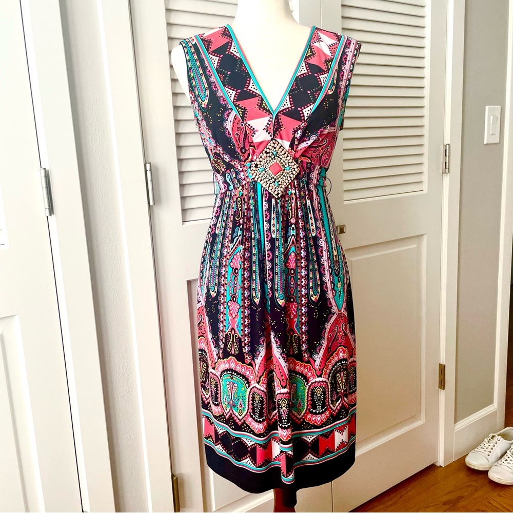 Ice Ethnic Boho Print Sleeveless V-neck Dress. Size 8. Bead Detail